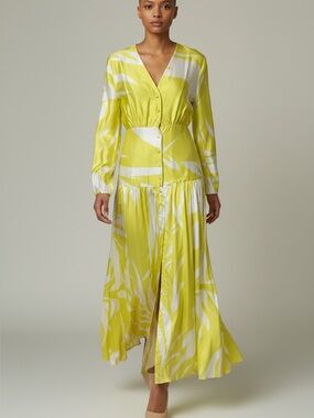 Lime Yellow & White Printed V-Neck Maxi Dress
